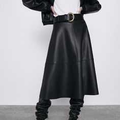 Brea Faux Leather Flare Midi Skirts Long Leather Skirt, Belted Midi Skirt, Pu Skirt, Pu Leather Skirt, Umbrella Skirt, Skirt With Belt, Midi Flare Skirt, Black Pleated Skirt, Leather Midi Skirt