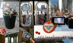 new york collage with images of buildings, flowers and people holding up their cell phones