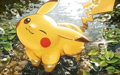 a pokemon pikachu standing in the water surrounded by leaves