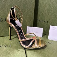 Brand: Gucci New With Box And Dust Bag Designer Gold Leather Heels, Chic Gold Gucci Heels, Elegant Gold Gucci Heels, Gucci Platform Sandals, Gold Sandals Heels, Cognac Shoes, Gucci Flip Flops, Block Heel Mules, Gucci Floral