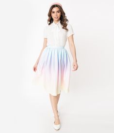 1950s Style Pastel Rainbow Ombre Swing Skirt – Unique Vintage Fitted Skirt In 1950s Style For Summer, Fitted 1950s Style Summer Skirt, Fitted Full Skirt For Daywear, Retro Knee-length Party Skirt, Retro Knee-length Gathered Skirt Bottoms, Fitted Full Pleated Skirt For Daywear, Knee-length Daywear Skirt, 1950s Style Fitted Pleated Skirt, Fitted Pleated Skirt In 1950s Style