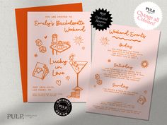 an orange and white wedding card with drawings on it