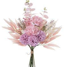 a vase filled with pink and purple flowers