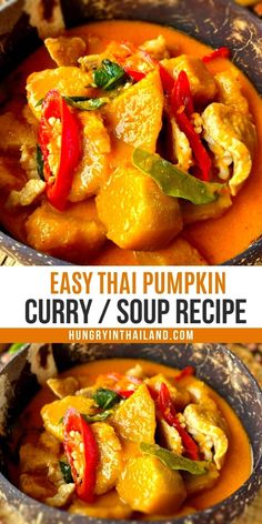 easy thai pumpkin curry / soup recipe with red peppers and chicken in a brown sauce