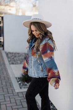 Aztec Print, Denim Jacket, Wine