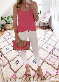 How much pink is too much pink? Don't answer that 😜. If you don't own one of these scalloped cami's what are you waiting for? They come in so many cute colors and are always my "night out" go to! You can also wear under a blazer for work! #MyShopStyle #ShopStyle Cream Blazer Outfit, Ok Fine, Cream Blazer, Straw Clutch, Blazer Outfits, Cami Top, Friday Night, Cami Tops