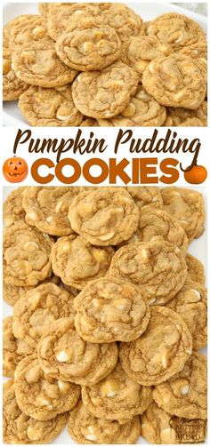 pumpkin pudding cookies stacked on top of each other with the words, pumpkin pudding cookies