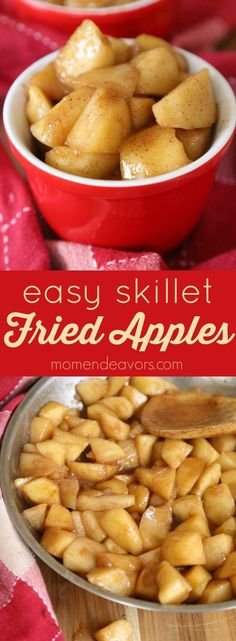 two bowls filled with fried apples on top of a wooden table next to a red cloth