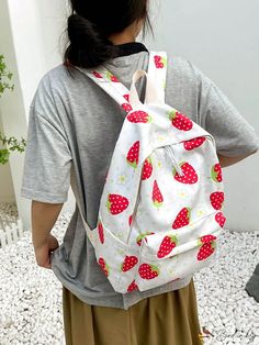 BirdinBag - High-Capacity Zipper Backpack with Strawberry & Flower Pattern - Ideal for Students & Outdoor Activities White Zippered Backpack For Summer, White Backpack With Zipper For Summer, White Backpack With Zipper Closure For Summer, Large Capacity White Backpack For Summer, Cute White Summer Backpack, Cute Summer Backpack For Everyday Use, Cute Summer Backpack For Daily Use, Strawberry Flower, Classic Backpack