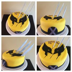 four pictures of a cake with yellow frosting and black icing on the top