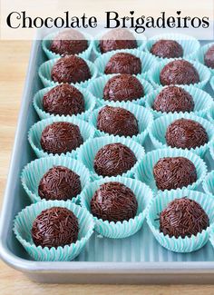 chocolate truffles sitting on top of a baking pan with text overlay