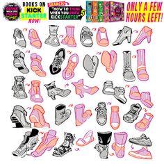 a bunch of shoes that are drawn in different colors and sizes, with the words books on