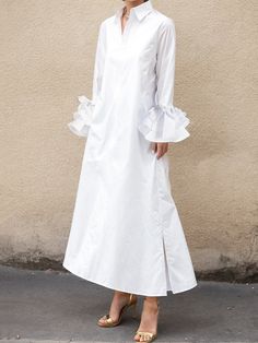 SkuCY-!159557MaterialDacron StyleLoose , A-line , Flared Sleeves , Long Sleeves FeatureButtoned , Split-side , Split-joint , Solid Color NecklineLapel OccasionCasual , Leisure Fashion SeasonsSpring , Autumn TypeMaxi Dresses ColorWHITE,BLACKSizeS,M,L,XL,2XL Please consult the size chart we provide for this item's measurements to help you decide which size to buy.Please note: There may be 1-3cm differ due to manual measurement.CMINCHBustShoulderSleeveLengthHemlineS1003961135180M1044062136184L10841 Plus Size Bohemian, Bohemian Maxi, Flare Sleeve Dress, Bohemian Maxi Dress, Ruffled Sleeves, Fashion Seasons, Maxi Dress With Sleeves, White Maxi Dresses, Long Maxi