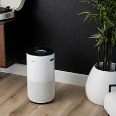 an air purifier next to a plant in a room with black walls