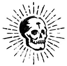 a black and white drawing of a skull with sunbursts on the side