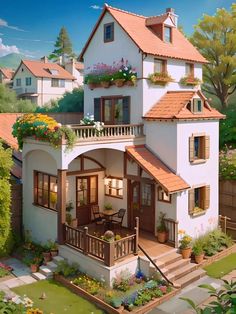 an artist's rendering of a house with flowers on the balcony