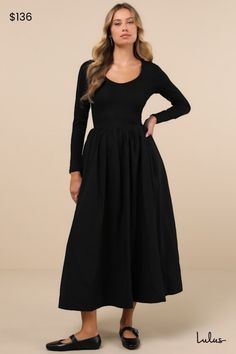 We can't stop thinking about all the cute ways we can style the Sister Jane Prima Ballerina Black Midi Dress With Pockets this season! This classy and simple dress starts with a fitted, ribbed jersey knit bodice with a cute scoop neckline and comfortable long sleeves. The structured poplin skirt boasts a full A-line silhouette, complete with side seam pockets and a chic midi hem. A layer of tulle underneath accents the waist for added volume. Finish with your favorite pair of flats to encapsulate the ballerina-inspired aesthetic! Fit: This garment fits true to size. Length: Mid-calf length. Size uk m/us 6 measures 51.5" from shoulder to hem. Bust: Great for any cup size. Waist: Fitted - stretchy fabric allows custom fit. Hip: Not Fitted - fuller skirt allows room for hips. Undergarments: M Flare Dress Casual, Aesthetic Fit, Poplin Skirt, Midi Dress With Pockets, Prima Ballerina, Black Ballerina, Sister Jane, Inspired Aesthetic, Simple Dress