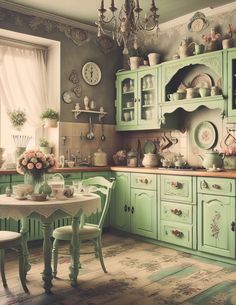 an old fashioned kitchen with green cabinets and white table cloth on the floor, chandelier hanging from the ceiling