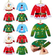 christmas sweater ornament with santa clause and snowman on it, set of 12