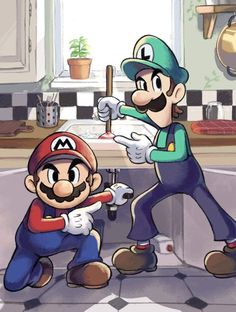 an image of mario and luigi in the kitchen with one holding a wrench while another holds