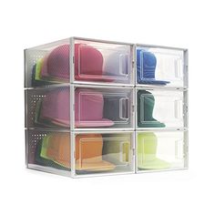 six plastic bins with different colored hats in each one on the top and bottom