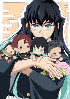 an anime character with long black hair and blue eyes holding two small dolls in her arms