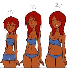 three different views of a cartoon girl with red hair and blue bikinis, from the waist up to the chest down