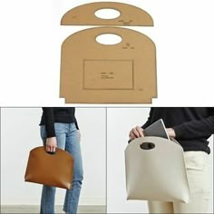 a woman holding a brown bag with holes in it and another photo showing the back of her purse