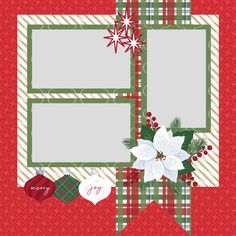 a christmas photo frame with poinsettis, holly and snowflakes on a red plaid background