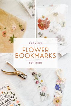 flower bookmarks for kids with flowers and scissors on the table next to each other