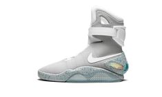 Perhaps the most sought-after sneaker of all time, the Nike Mag from "Back to the Future Part 2" was released in 2011 in an edition of only 1,500 pairs via auctions to support the Michael J. Fox Foundation. Each auction ended with winning bids totaling thousands of dollars, and the Mag has reached a legendary status in the years since. Note: This is the initial 2011 release of the Mag, which does not have power lacing like the 2015 edition. | Air Mag Jetstream Back To The Future Shoes, Air Mags, New Nike Sneakers, Fake Shoes, Balenciaga Speed Trainer, Rare Sneakers, Stadium Goods, Nike Basketball, Puma Fierce Sneaker