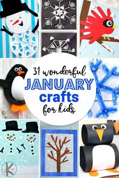 the words wonderful january crafts for kids are shown above pictures of snowmen and penguins