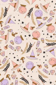 seamless pattern with witches and stars on a beige background for wallpaper or fabric