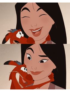 an animated image of a woman holding a red dog in her arms and smiling at the camera