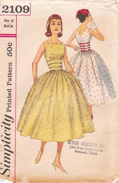 This vintage Simplicity sewing pattern was designed in 1957. It makes a dress with a scalloped neckline, a fitted midriff panel and a very full, gathered skirt. Size 14: Bust 34   ---   Waist 26   ---   Hip 36. It has been neatly used and is complete including instructions. The envelope is in poor condition and will arrive in an archival sleeve. To see more vintage dress patterns: https://www.etsy.com/shop/studioGpatterns?section_id=6940891 To visit my shop: https://www.etsy.com/shop/studioGpatterns 50s Sewing Patterns, 1950s Dress Patterns, Decades Fashion, 1950s Sewing Patterns, France Style, Robes Vintage, Scalloped Neckline, Vintage Dress Patterns, Outfit Design