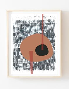 an abstract painting with black and red lines on it's edges, in a wooden frame