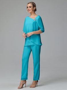 Half Sleeves Chiffon Mother Of The Bride Dress Pant Suits Summer Evening V-neck Set, Elegant V-neck Evening Set, Summer Formal V-neck Sets, Spring Evening V-neck Sets, Spring Evening Sets With V-neck, Dress Pant Suit, Pant Suits, Pant Suit, Mother Of The Bride Dress