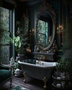 an ornate bathroom with green walls and plants in the bathtub, mirror on the wall