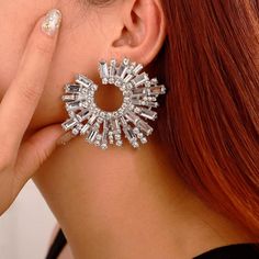 Large Round Silver Rhinestone Sunburst Statement Earrings Costume Jewelry Silver Cluster Earrings With Sparkling Stones For Party, Sparkling Stones Cluster Earrings For Party, Party Cluster Earrings With Sparkling Stones, Round Cluster Earrings With Sparkling Stones For Party, Dazzling Cluster Earrings For Party, Dazzling Crystal Cluster Earrings For Party, Crystal Cluster Earrings For Parties, Party Crystal Cluster Earrings, Glamorous Crystal Cluster Earrings For Party