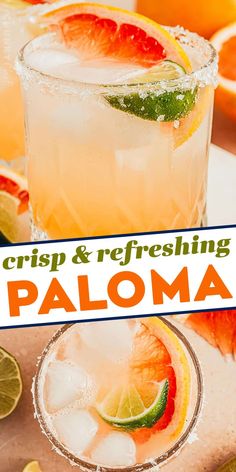 a close up of a drink in a glass on a table with oranges and limes