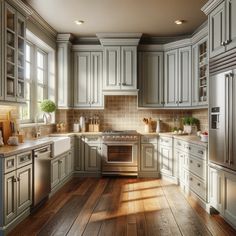 a large kitchen with wooden floors and white cupboards, stainless steel appliances and wood flooring