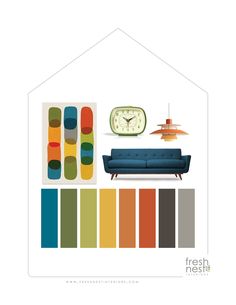 a living room filled with furniture and a clock on the wall next to color swatches