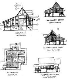 some drawings of different types of buildings and their functions in the building design, including floor plans