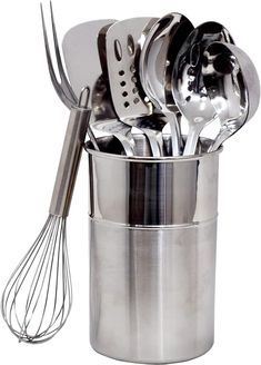 stainless steel kitchen utensils in a large metal cup with whisk attachments