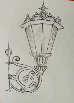 a drawing of a street light with an arrow on it's side and another lamp in the background