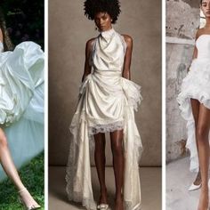 four models in white gowns and dresses with ruffles on the sides, from left to right