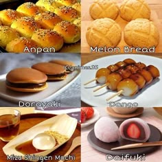 there are many different types of breads and pastries on the table with words above them