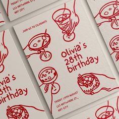 red and white birthday cards with drawings on them