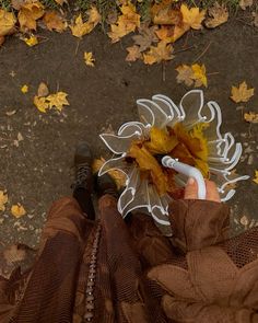 a person is laying on the ground with some leaves in their lap and a cell phone