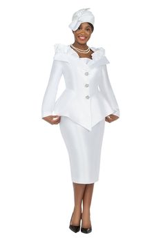 Giovanna 0962 white skirt suit White Church Hats, First Lady Church Suits, White Skirt Suit, Nurse Dress, Nurse Dress Uniform, Suit Colors, Church Lady Hats, Church Suits And Hats, Stand Collar Dress